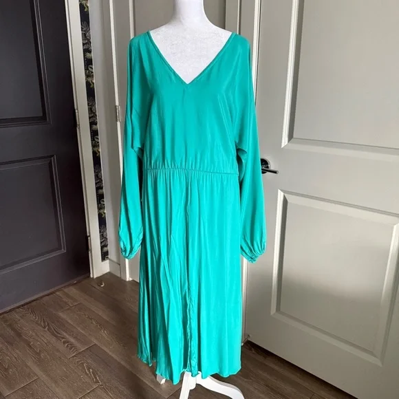 Alexis Teal Blue 100% Silk Long Sleeve Midi Dress with Beaded Sash Belt Size L - Picture 12 of 12